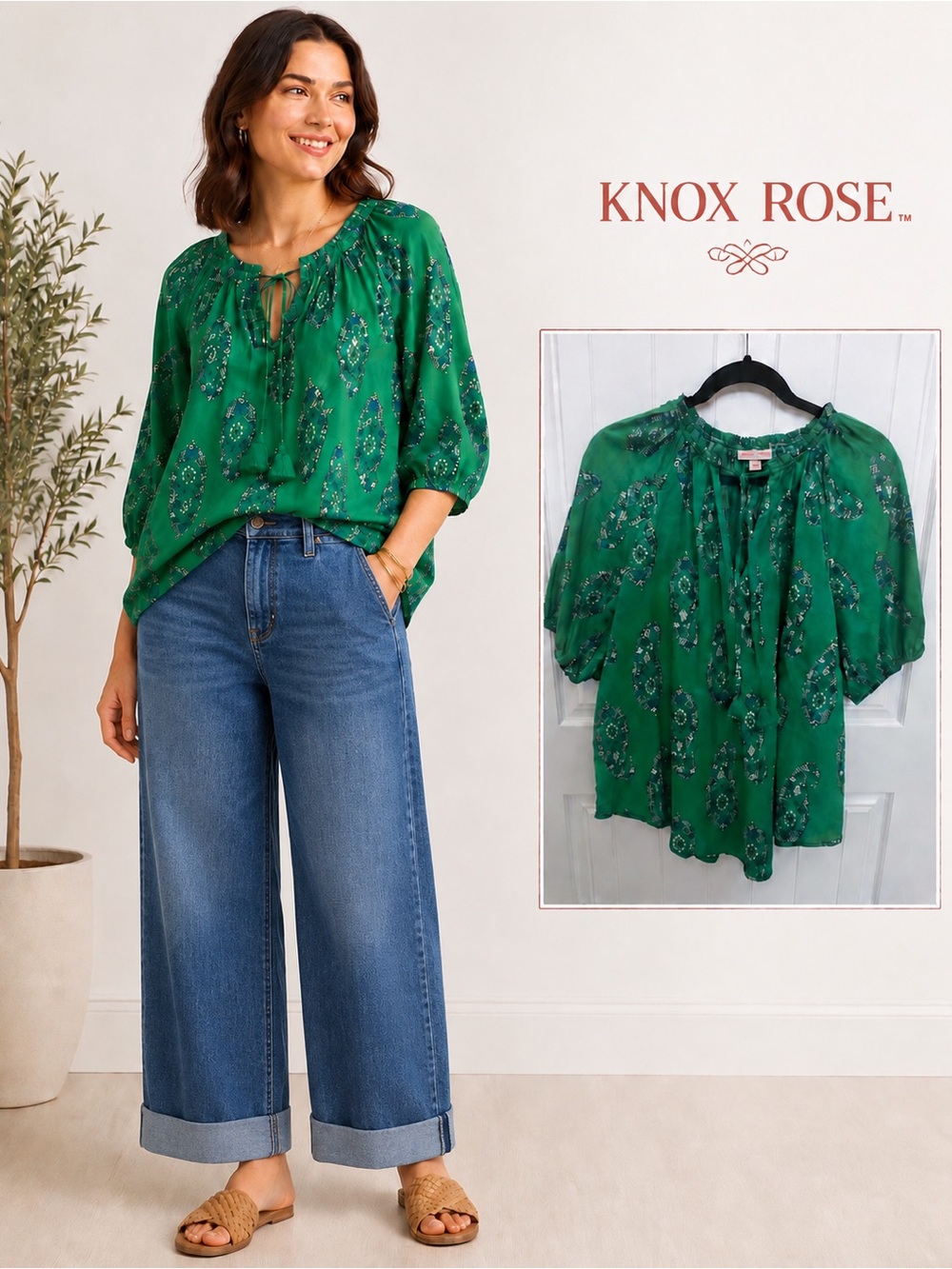 Knox Rose Green Paisley Floral Blouse Boho Cotton Peasant Top